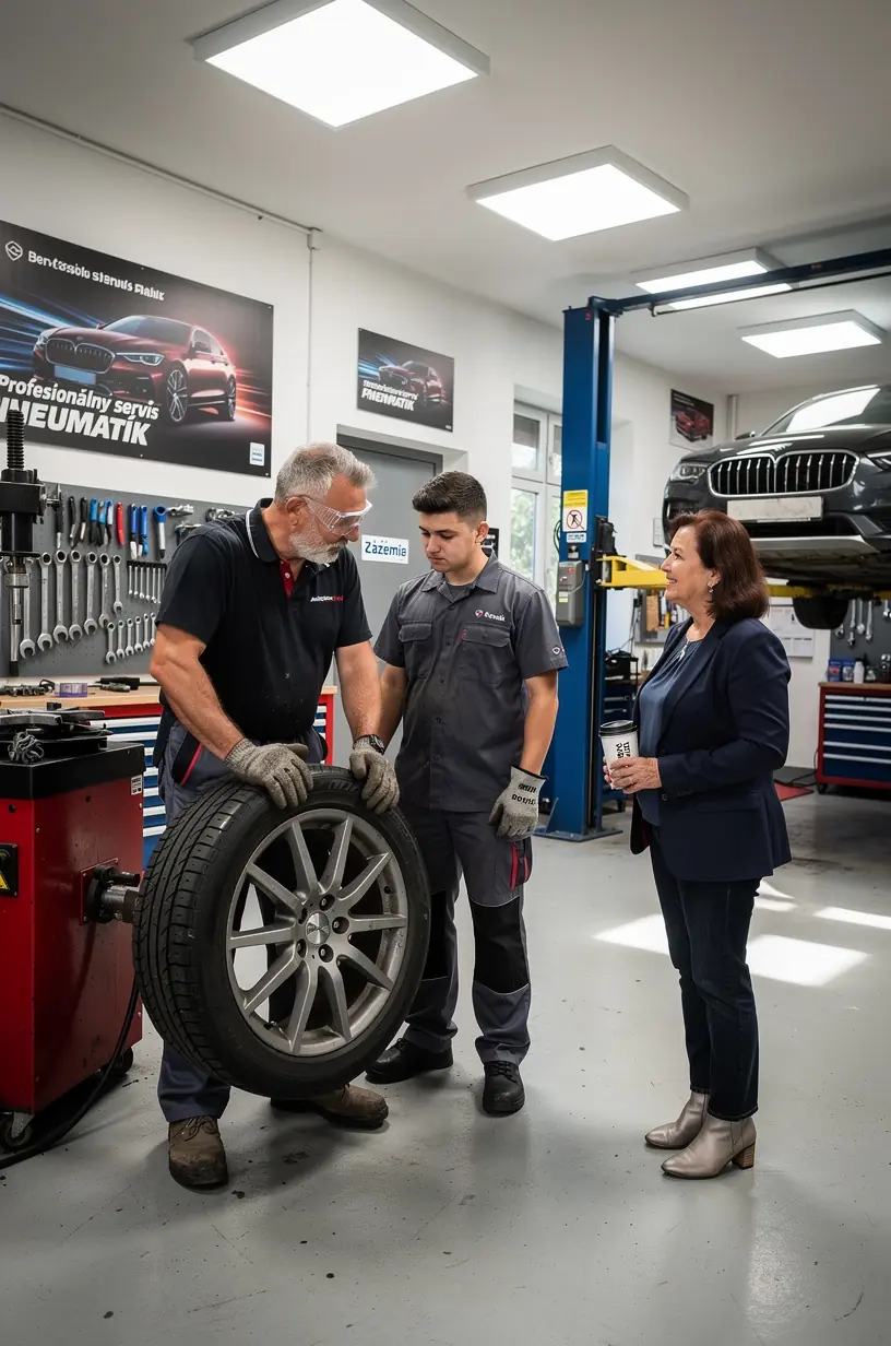 Zákazník konzultuje s mechanikom optimálny termín sezónnej výmeny pneumatík.