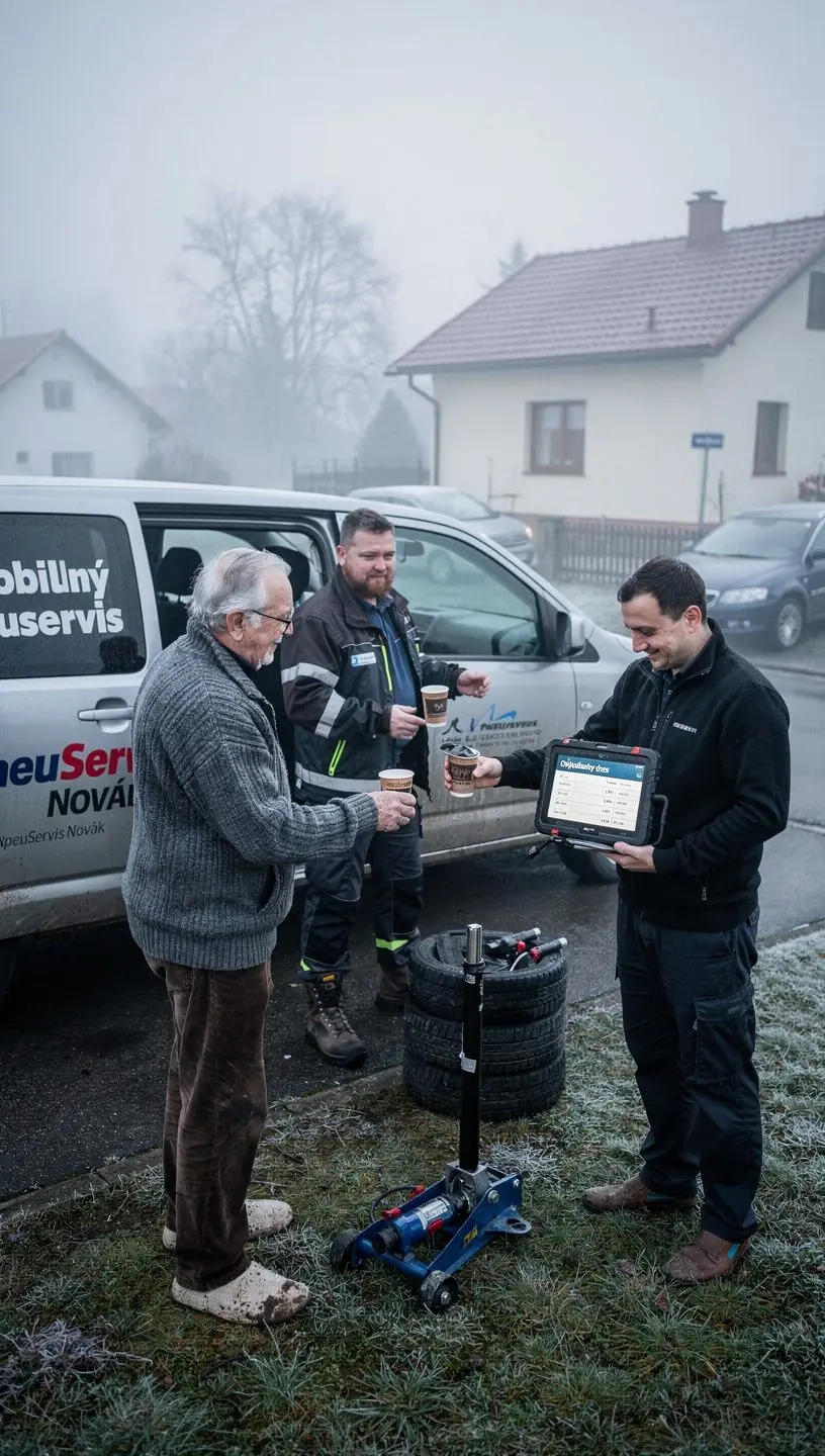 Pracovník servisu kontroluje stav pneumatík pred ich uskladnením na obdobie zimy alebo leta.